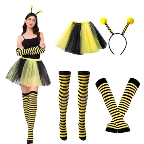 Ajuanbazha Disfraz de Abeja para Mujer, Disfraz de Abeja Incluye Diadema con Antenas, Falda de Tul, Guantes a Rayas y Medias, Ideal para Carnaval, Cosplay (Amarillo)