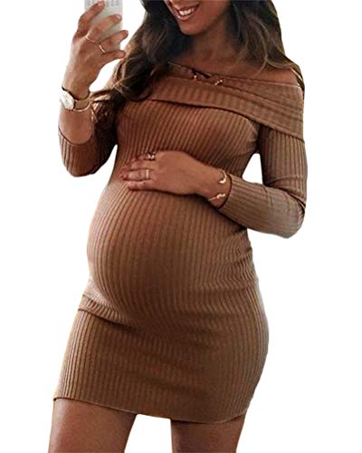 Minetom Ropa De Maternidad Mujer Túnica De Punto De Maternidad con Hombros Descubiertos Mini Vestido De Suéter Vestido De Maternidad Marrón XS
