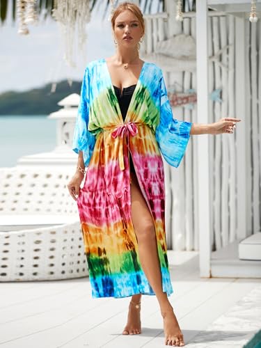 Image of Women's Kimono Cover Up Long Beach Dress Swimsuit Cover Ups Colorful Cardigan Lightweight Robe for Swimwear