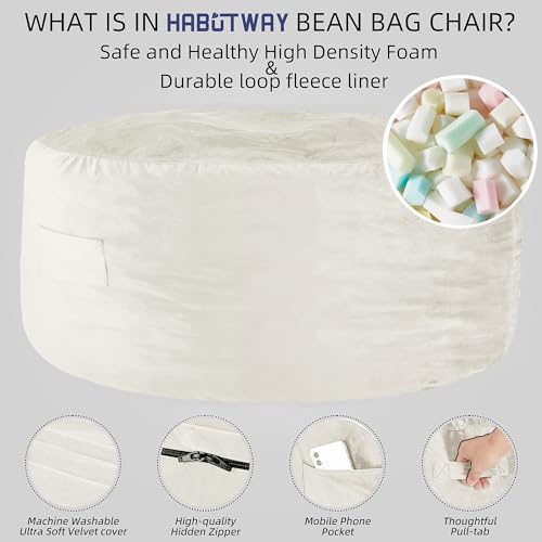 HABUTWAY Bean Bag Chair: Giant 5' Memory Foam Furniture Bean Bag Chairs for Adults with Microfiber Cover 5Ft (Beige)
