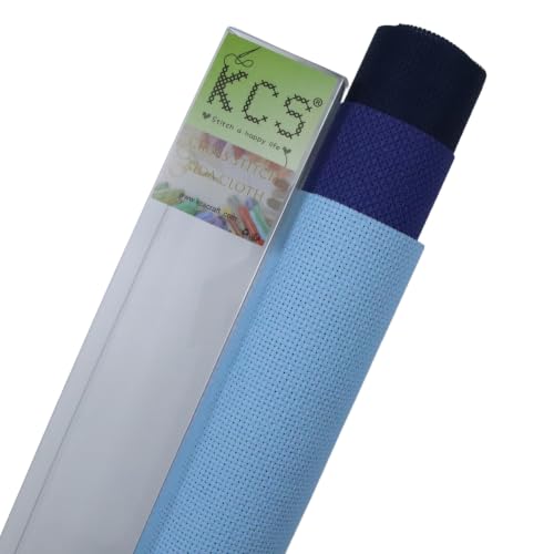 Image of KCS 3 pc of 15 inch x 18 inch(38cmx45cm) 16 Count Cross Stitch Cotton Aida Cloth Needlework Rolled Fabric Box,16CT,Light Blue+Royal Blue+Navy Blue