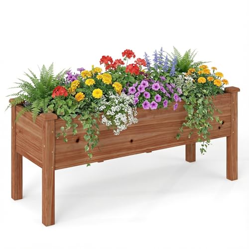 GOPLUS Huerto Urbano de Madera de Abeto, Cama Elevada con 5 Agujeros de Drenaje, Jardinera para Flores Verduras, Maceta para Cultivo, Capacidad de 100 kg, 120 x 43,5 x 51 cm (Marrón)