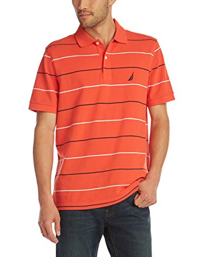 Nautica Men's Classic Fit Short Sleeve 100% Cotton Pique Stripe Polo Shirt, Orange Poppy, XX-Large