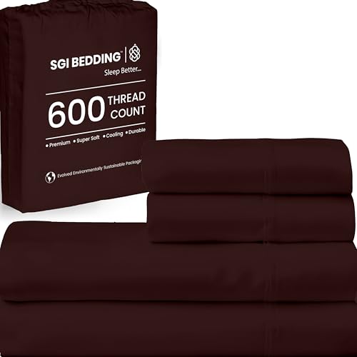 Image of SGI bedding Queen Bed Sheets Set - Premium 600 TC Egyptian Cotton, Crisp & Cooling Sateen Weave, Extra Soft Hotel Collection, Fits Mattresses Up to 16 Inch Deep, Breathable & Long Lasting - Chocolate