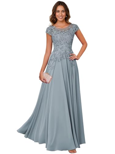 Image of Lace Applique Chiffon Mother of Bride Dresses - Short Sleeve Pleated Long Mother of The Groom Dress