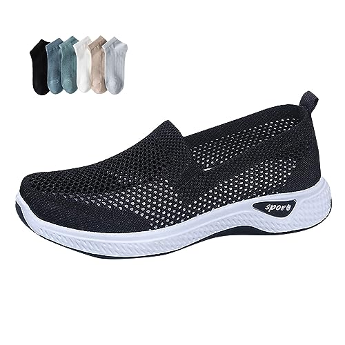Women's Breathable Mesh Orthopedic Sneakers,Casual Fashion Non-Slip Walking Shoes Comfortable Soft Sole Slip-on Loafers Tennis Shoes (Black,7.5)