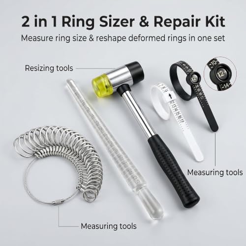 Image of Bflaae 5 PCS Ring Sizer Measuring Tool Kit with Ring Mandrel and Ring Mallet, 27 PCS Stainless Steel Ring Gauges, 2 PCS Reusable Finger Size Tape with Magnified Glass 1-17 USA Rings Size