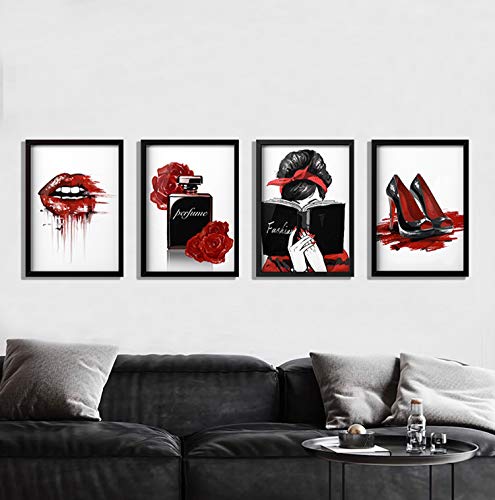 Facioro Fashion Woman Canvas Wall Art, Red Wall Decor For Bedroom Decor, Red And Black Art Posters, Red Lips Red Rose Perfume High Heels And A Fashion Women With Red Hair Ribbons Prints Wall Pictures, Girls Room Decor, Black And Red Fashion Poster #TOP1