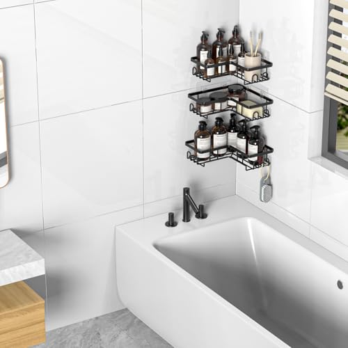 Diwoker Estanteria Baño sin Taladro, Estante Rinconera Ducha con Adhesivo, Baldas Baño Organizador Ducha, Accesorios Ducha (Negro, 3 Cesta) - imagen 6