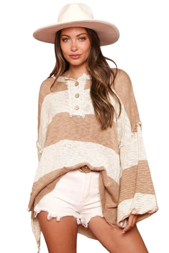 Women's Khaki Oversized Colorblock Frayed High Low Henley Sweater