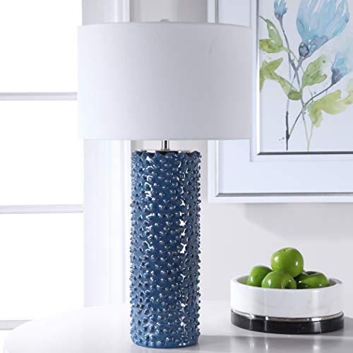 My Swanky Home Knobbed Indigo Blue Textured Table Lamp Cylinder Coastal Denim White Elegant #TOP2