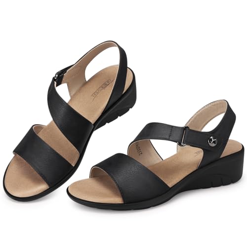 SHIBEVER Women's Low Wedge Heel Sandals Dressy Summer Comfortable Ankle Strap Sandals Open Toe Causal Platform Shoes 6