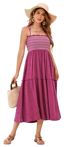 Image of R.Vivimos Womens Summer Cotton Boho Midi Dress 2026 Spaghetti Strap Floral Embroidered Smocked Tiered Flowy Long Dresses