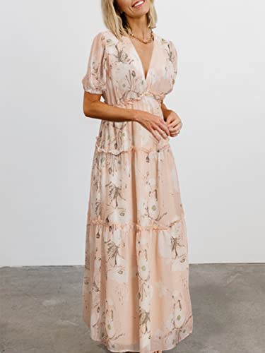 Amegoya Women's Causal Summer V Neck Dress Short Sleeve High Waist Beach Long Maxi Dresses（L Pink） #TOP1