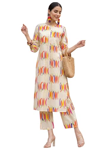 Image of INDO ERA Women Cotton White Printed Straight Kurta Pant Set