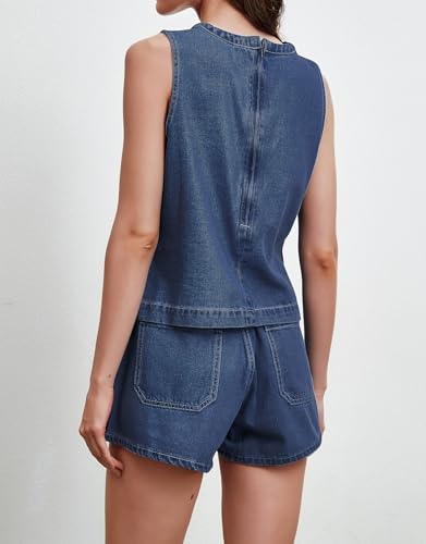 Image of Kedera Summer Denim Set for Women 2 piece Casual Sleeveless Boxy Shirt Tops and Shorts Pants Lounge Sets Outfits