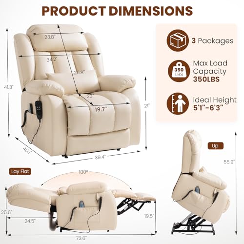 Image of Dual Motor Power Lift Recliner Chair, PU Leather Lay Flat Lift Chair for Elderly with Massage & Lumbar Heating, Extended Footrest, USB Charging, Remote Control, Removable Lumbar Pillow, Biege