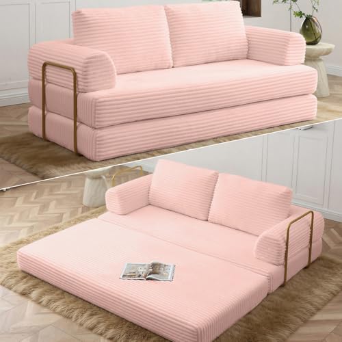 Image of HANXIN 80 Inch Convertible Sleeper Sofa Bed, High Back Plush Corduroy Folding Floor Mattress Couch with Fixed-Shape Frame, Boneless Futon Loveseat with Pull Out Bed, No Assembly Required (Pink)