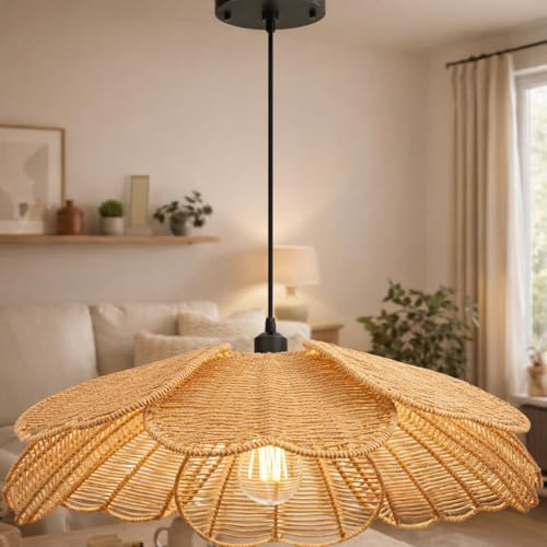 Image of Artica Farmhouse Rattan Chandelier - 1-Light Hand-Woven Wicker Pendant Light Fixture, Boho Hanging Ceiling Lamp for Dining Room, Kitchen Island, Bedroom & Living Room (Type 2)