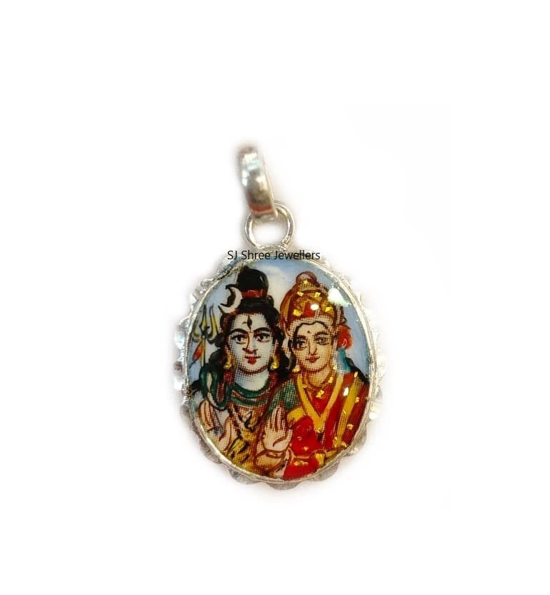 shree jewellersSJ Pure Sterling Silver Shiv Parvati Hand Painted Meenakari Pendant for Girls, Boys, Men & Women without chain, Medium, Silver, No Gemstone