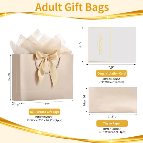 Image of Powbrace 13 inch Medium Beige Gift Bag Set with Handle - 2 Bags Featuring Bows, 4 Tissues, and 2 Greeting Cards for Wedding, Baby Shower, Father's Day, Mother's Day, Birthday Party