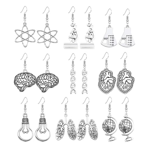 Dreuyet 9 Pairs Biology Gifts Earrings Set Unique Charm Chemistry Atom DNA Microscope Brain Heart Light Bulb Globe Scientist Earrings for Women Science Nerd Jewelry Gifts (Simple)