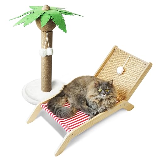 PETKARAY Cat Hammock with Coconut Palm Tree Scratching Post, Cozy Beach Chair Elevated Cat Beds...