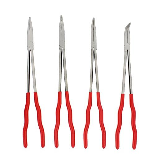 ABN Needle Nose 16in Plier 4-Piece Set – Long Reach 90-Degree Angle, 45-Degree Angle, Straight, and Curved Pliers