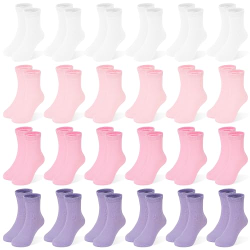 Image of 24 Pairs Girls Solid Crew Socks, Kids School Uniform Athletic Socks Ages 1-14