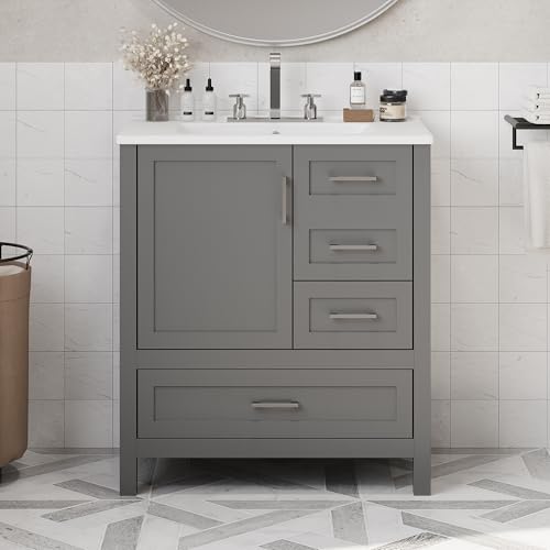 HiHomely 30 Inches Gray Bathroom Vanity with Sink Combo Set – Solid Wood Frame, Soft Close Door & 3 Drawers, Removable Tray – Stylish Storage Cabinet for Bathroom (3 Drawers + 1 Doors)