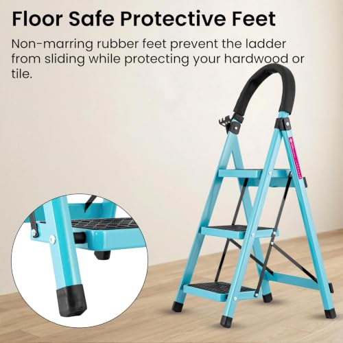 Image of Casa Copenhagen Teal Blue 3 Step Ladder for Home Use with Built-in Tool Tray | Heavy Duty D Shape Rods | Ultra Large Platform | 150Kg Capacity Foldable Ladder - 7 Years Warranty
