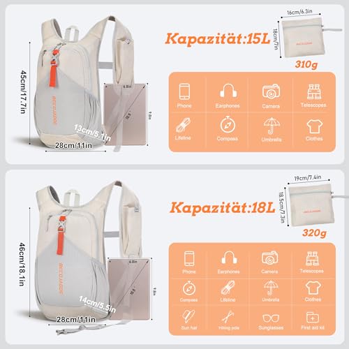 BECOJADDE 15L Wanderrucksack Herren Kleiner Rucksack Damen Leichter Daypack Tagesrucksack Faltbarer Trekkingrucksack für Camping Outdoor Wandern Travel Beige