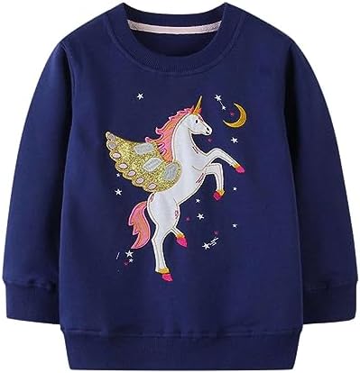 Winzik Toddler Sweatshirt, Kids Girls Crewneck Sweatshirts Unicorn Embroidery Spring Fall Clothes 2-7 Years (3-4T, Unicorn Dark Blue)