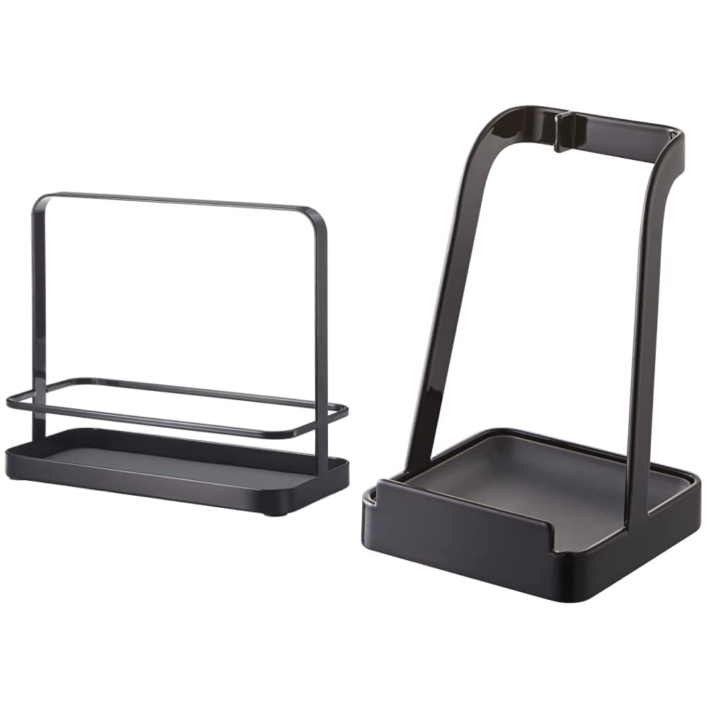 YAMAZAKI Tower Menage, Stahl, Schwarz, One size & 'Tower' 2249 Kochlöffel- und Topfdeckelständer, Stahl, Schwarz, Kochbuchhalter, Tablet Halter, L 10 x B 10 x H 15 cm