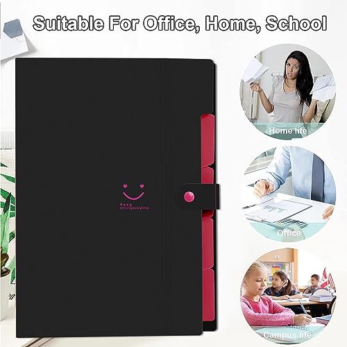 Image of NISUN 5 Pockets File Organizer, Expanding File Folder, Accordion Document Organizer, Adjustable Buckle Folder, A4 Portable Accordion Paper /Bill /Receipt Bag - Black /Pink