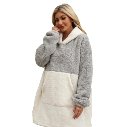 Manta con capucha | Sudadera de franela cálida con capucha | Diseño de bolsillos profundos con mangas para acampar y trabajar, gris, Refer to description