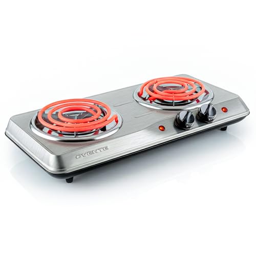 OVENTE Electric Countertop Double Burner, 1700W Cooktop with 6" and 5.75" Stainless Steel Coil Hot Plates, 5 Level Temperature Control, Indicator Lights and Easy to Clean Cooking Stove, Silver BGC102S