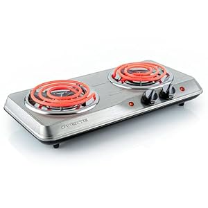 OVENTE Electric Countertop Double Burner, 1700W Cooktop with 6″ and 5.75″ Stainless Steel Coil Hot Plates, 5 Level Temperature Control, Indicator Lights and Easy to Clean Cooking Stove, Silver BGC102S