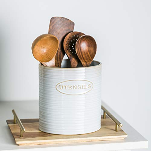 Porcelain Utensil Holder Basic Ceramic Kitchen Utensil Crock, Vintage Style, Oval - Thumbnail 5