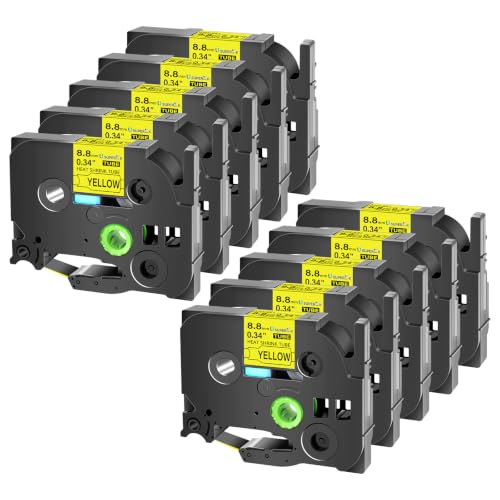 Image of USUPERINK 10PK Compatible for Ptouch HSe-621 HSe621 HS-621 HS621 Black on Yellow 8.8mm 0.34'' Heat Shrink Tubing for Wire Cable for PT300 PT-300B PT310 PT310B PT320 Label Maker Tape