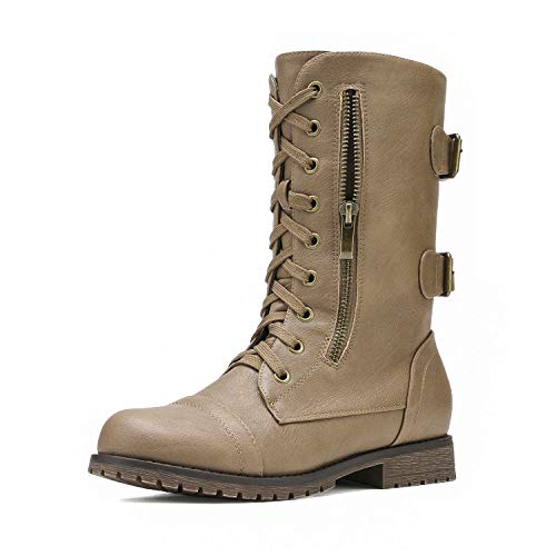 DREAM PAIRS Women's Mid Calf Built-in Wallet Pocket Lace up Military Combat Boots 5 Classic Brown