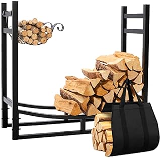 DOEWORKS Heavy Duty Firewood Rack Extra Strong Support Indoor/Outdoor Log Rack with Lighting Rack, Thicker Material, 76cm Tall, Black