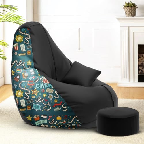 Image of Amazon Brand - Solimo Premium Faux Leather Bean Bag Combo with Footrest & Cushion, Filled with Beans | Capacity: Upto 6 Ft 3 in Height, 120 KG Weight | 3XL | Cinema Love | Black
