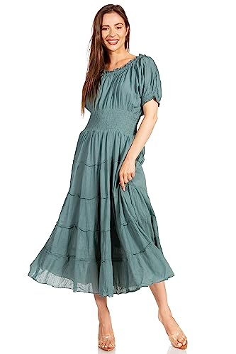 Image of Sakkas Cotton Crepe Smocked Peasant Gypsy Boho Renaissance Mid Length Dress