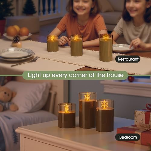 Image of L LOHAS LED Electronic Candle Night Lights with Remote | 3-Pack Snowflake LED Flameless Candles Battery Operated Flickering Night Light 5 Brightness Levels & Timer Holiday Home Decor