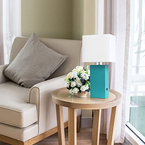 Lalia Home Lexington 21" Leather Base Modern Home Decor Bedside Table Lamp With Usb Charging Port With White Rectangular Fabric Shade, Teal #TOP4