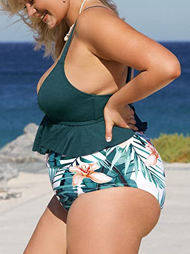 Cupshe Women's High Waisted Green And Floral Ruffled Plus Size Bikini, 1X #TOP3