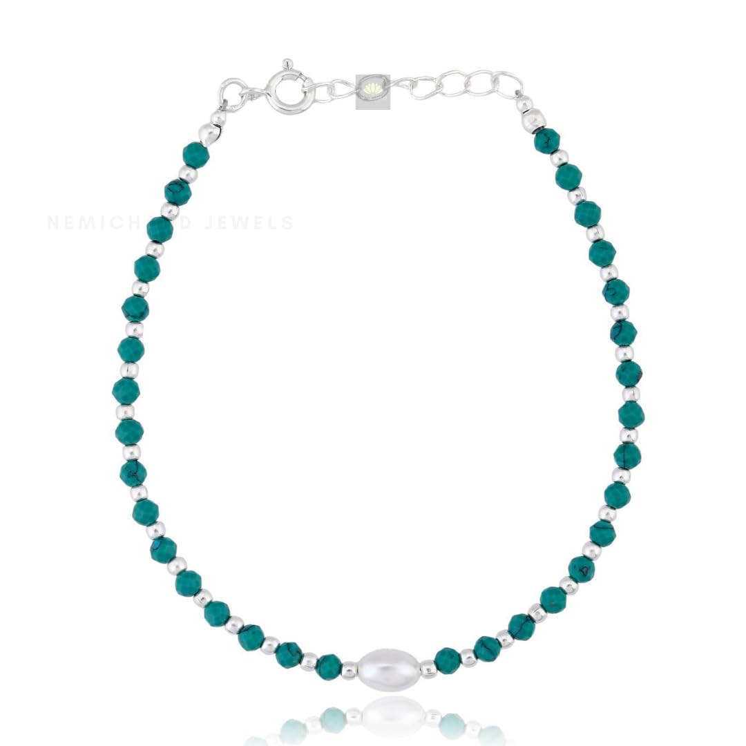 NEMICHAND JEWELS Sterling Silver 925 Turquoise Pearl Beads Bracelet for Women (7 inch + Extension) (Black) (B0D8Y92GJG) Amazon Price History, Amazon Price Tracker