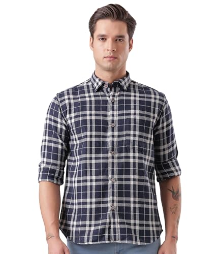 Image of TURMS Men's Casual Checks Shirts, Odor Control, Moisture Wicking, Button Down Collar, Cool Tech Cotton Fabric, Tailored Fit, Full Sleeve