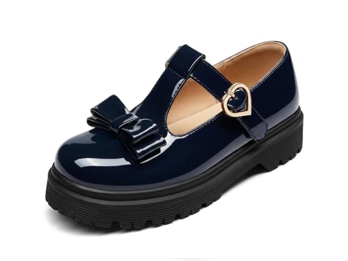 Coutgo Girls Mary Jane Dress Shoes Chunky Platform Loafers School Uniform Closed Toe T Strap Flats with Bow, Navy, 1 Big Kid by Coutgo - Used condition - US$47.02